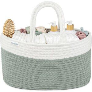 Large Baby Diaper Caddy Organizer Basket Rope Handles Nursery Storage Sage